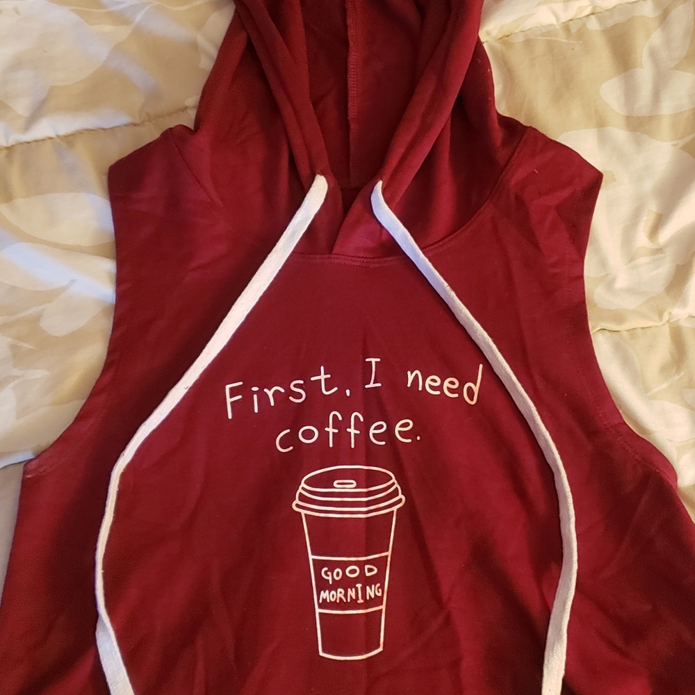"First, I Need Coffee" Sleeveless Dark Red Hoodie